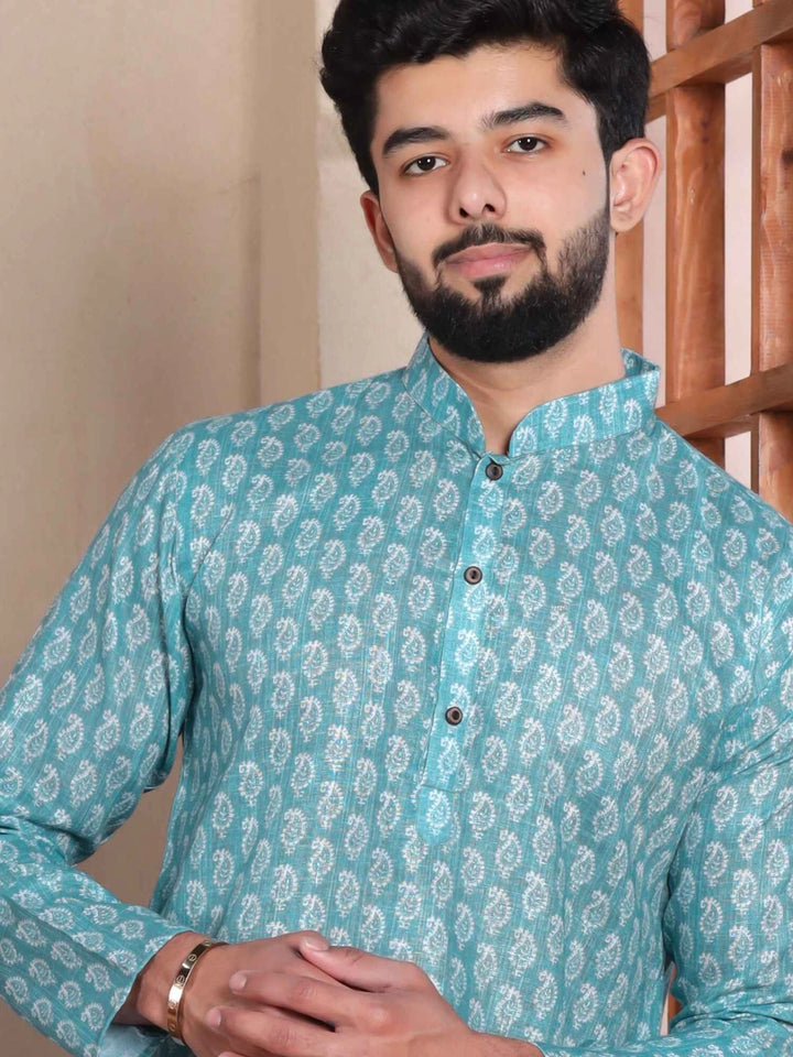 Fashionable Aqua Kurta Set | Linen Fabric & Digital Print Detailing