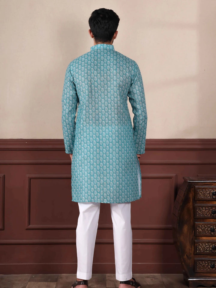 Fashionable Aqua Kurta Set | Linen Fabric & Digital Print Detailing