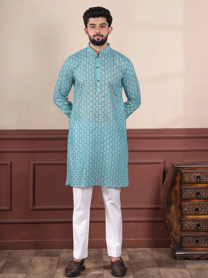 Fashionable Aqua Kurta Set | Linen Fabric & Digital Print Detailing