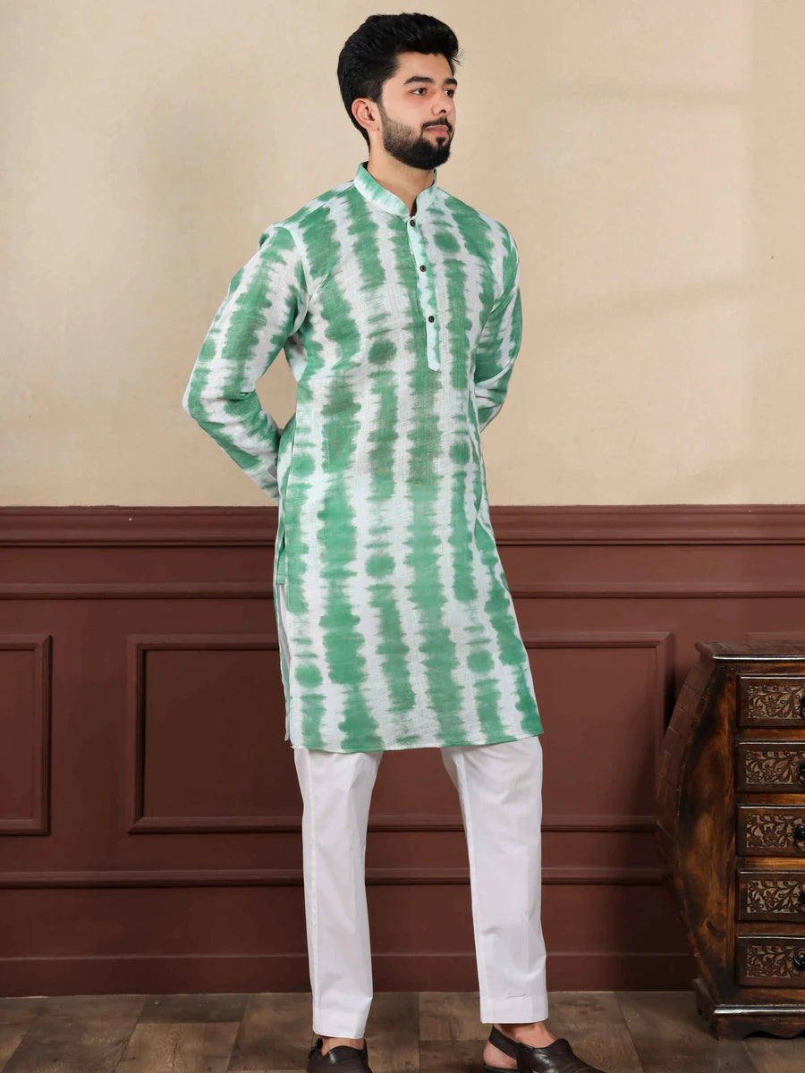 Graceful Green Linen Kurta Pajama | Designer Print  Wedding Attire