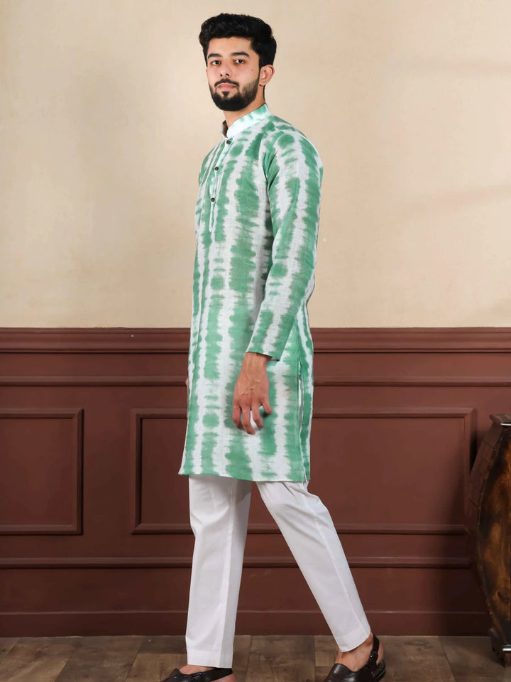 Graceful Green Linen Kurta Pajama | Designer Print  Wedding Attire