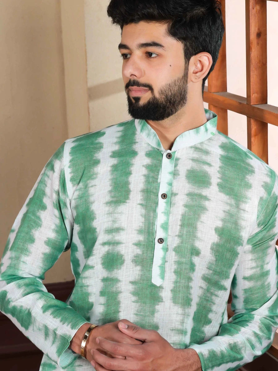 Graceful Green Linen Kurta Pajama | Designer Print  Wedding Attire