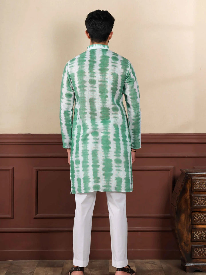 Graceful Green Linen Kurta Pajama | Designer Print  Wedding Attire