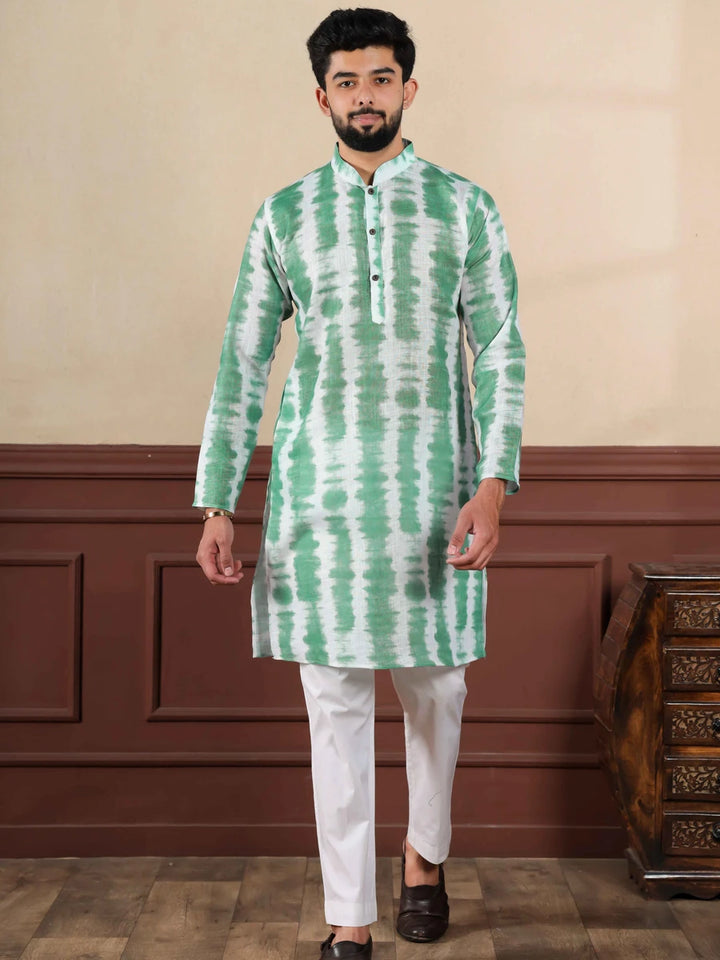 Graceful Green Linen Kurta Pajama | Designer Print  Wedding Attire