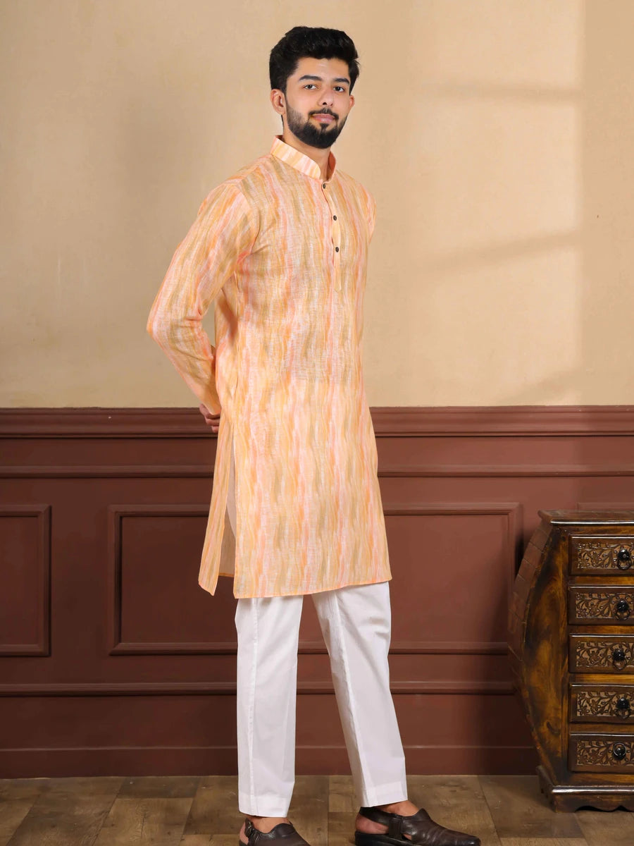 Men's Festive Kurta Pajama | Peach Designer Digital Print Peach Linen