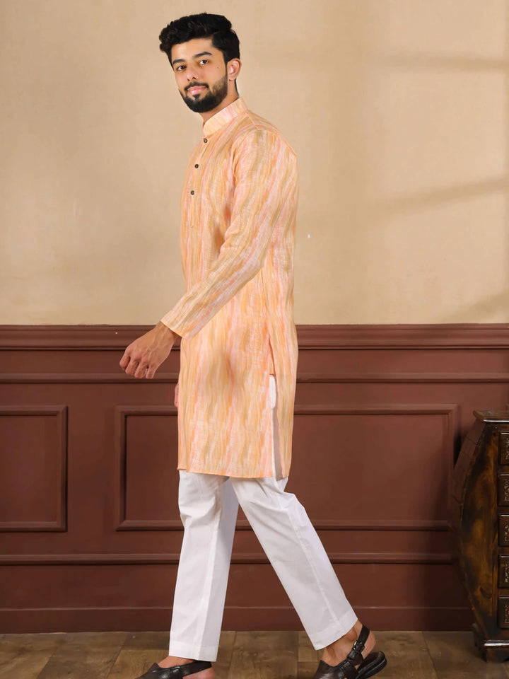 Men's Festive Kurta Pajama | Peach Designer Digital Print Peach Linen