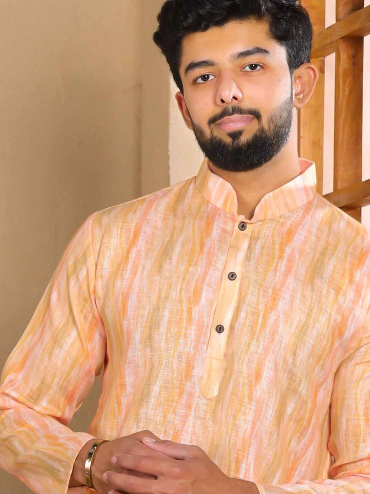 Men's Festive Kurta Pajama | Peach Designer Digital Print Peach Linen