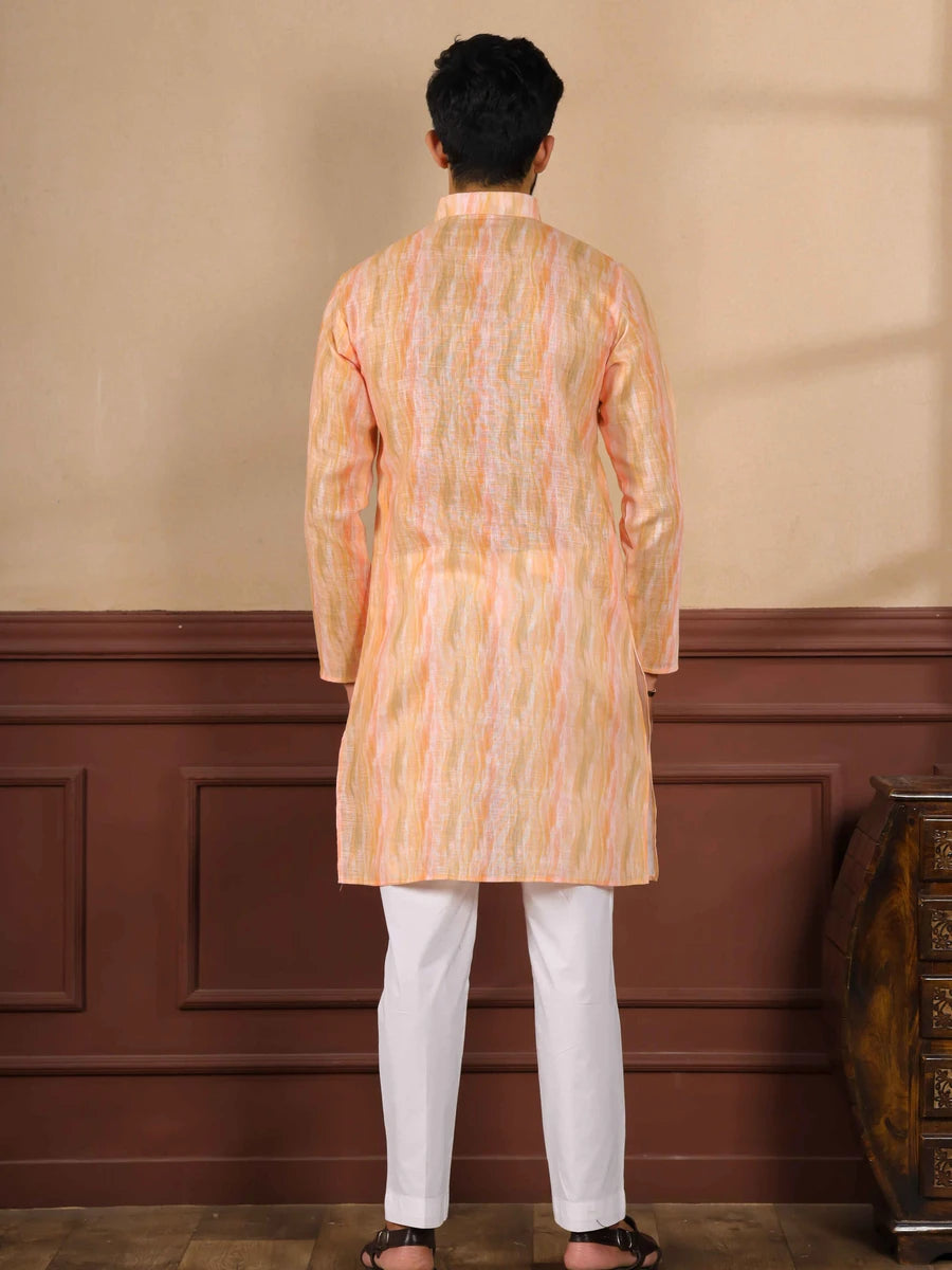 Men's Festive Kurta Pajama | Peach Designer Digital Print Peach Linen