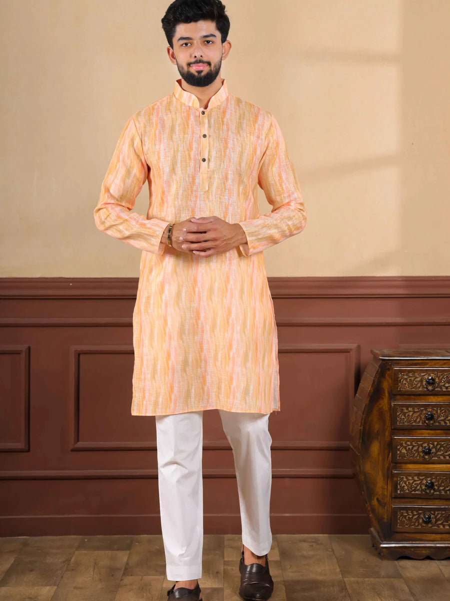 Men's Festive Kurta Pajama | Peach Designer Digital Print Peach Linen