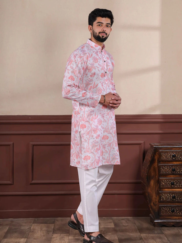 Premium Pink Linen Kurta | Trendy Designer Digital Printed Set