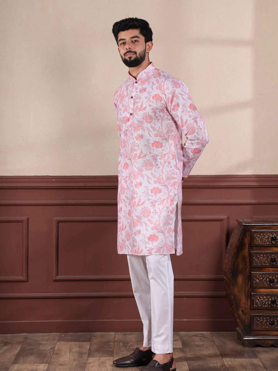 Premium Pink Linen Kurta | Trendy Designer Digital Printed Set