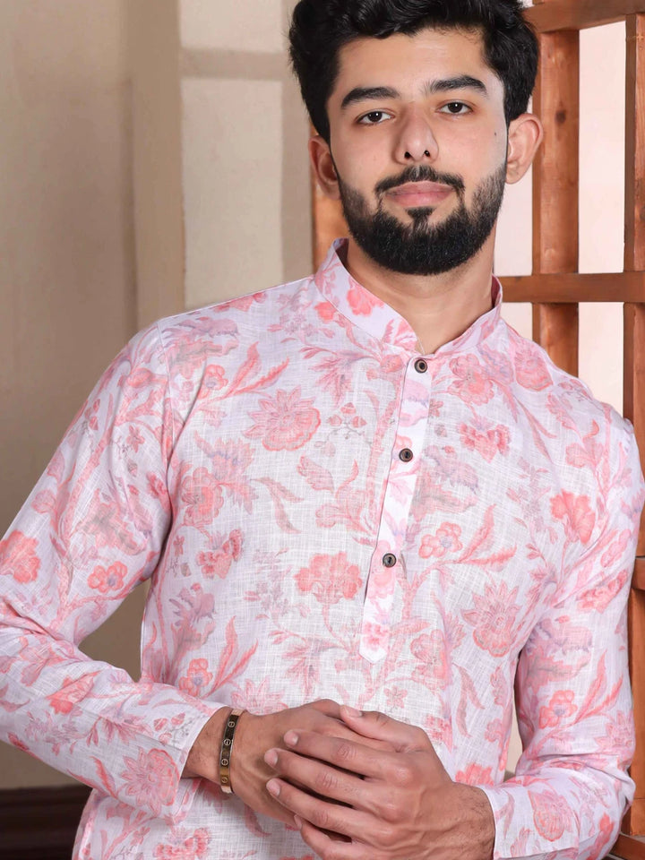 Premium Pink Linen Kurta | Trendy Designer Digital Printed Set