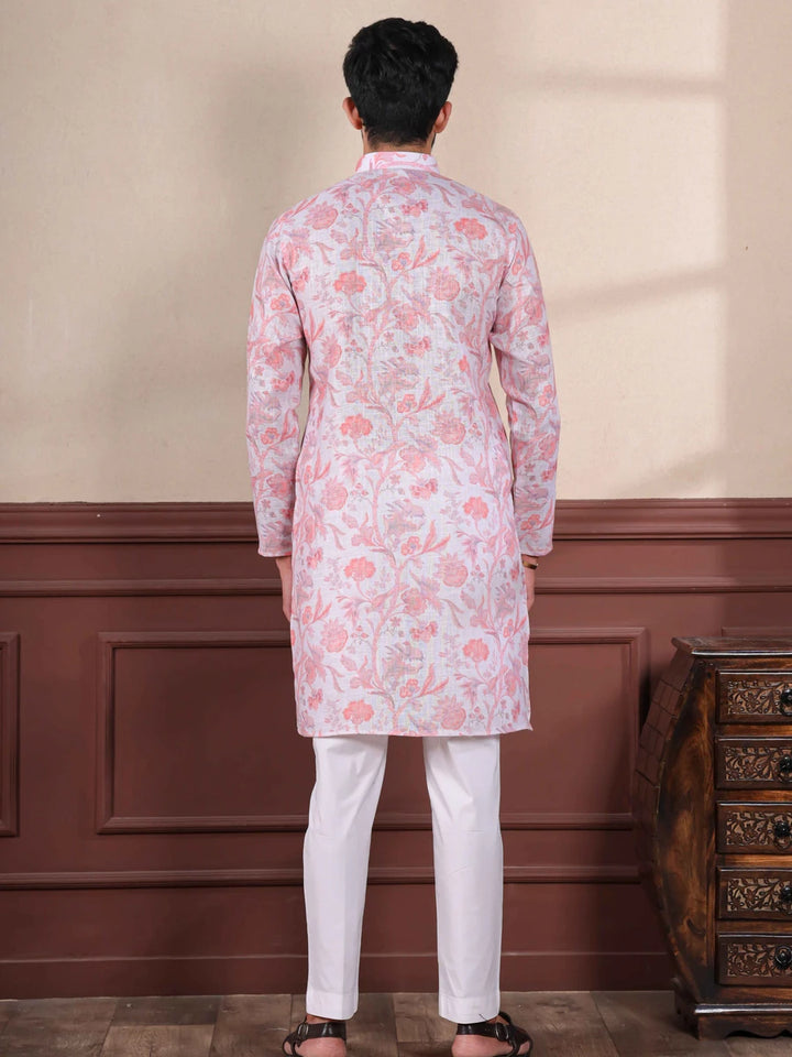 Premium Pink Linen Kurta | Trendy Designer Digital Printed Set