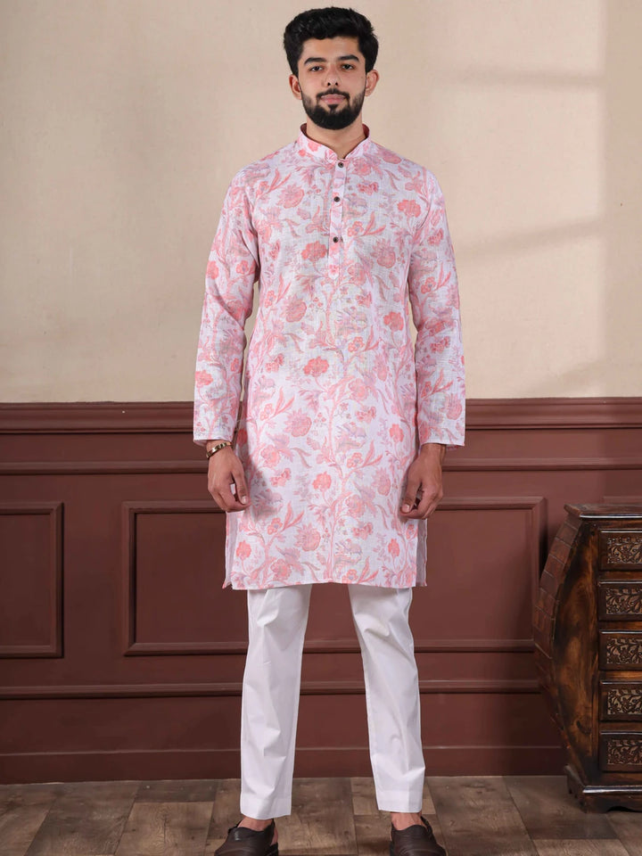 Premium Pink Linen Kurta | Trendy Designer Digital Printed Set