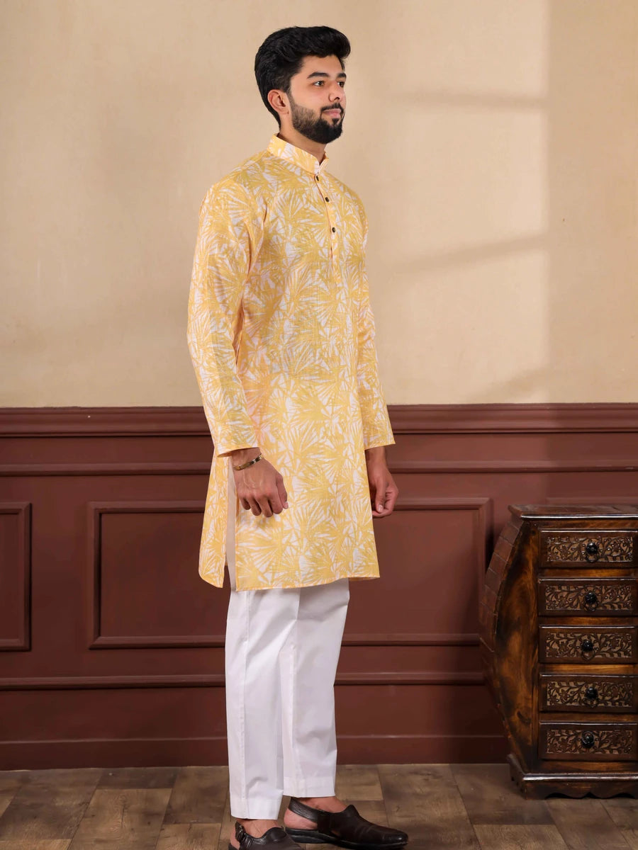 Classic Yellow Kurta Pajama | Digital Printed Linen for Festive Look