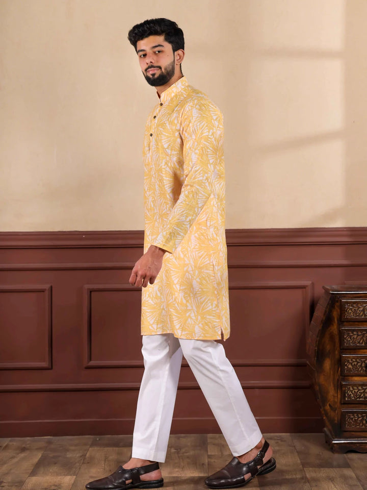 Classic Yellow Kurta Pajama | Digital Printed Linen for Festive Look