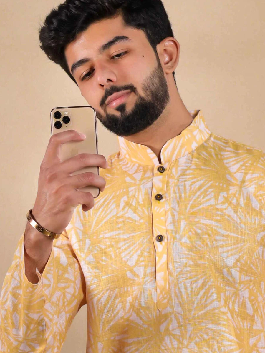 Classic Yellow Kurta Pajama | Digital Printed Linen for Festive Look