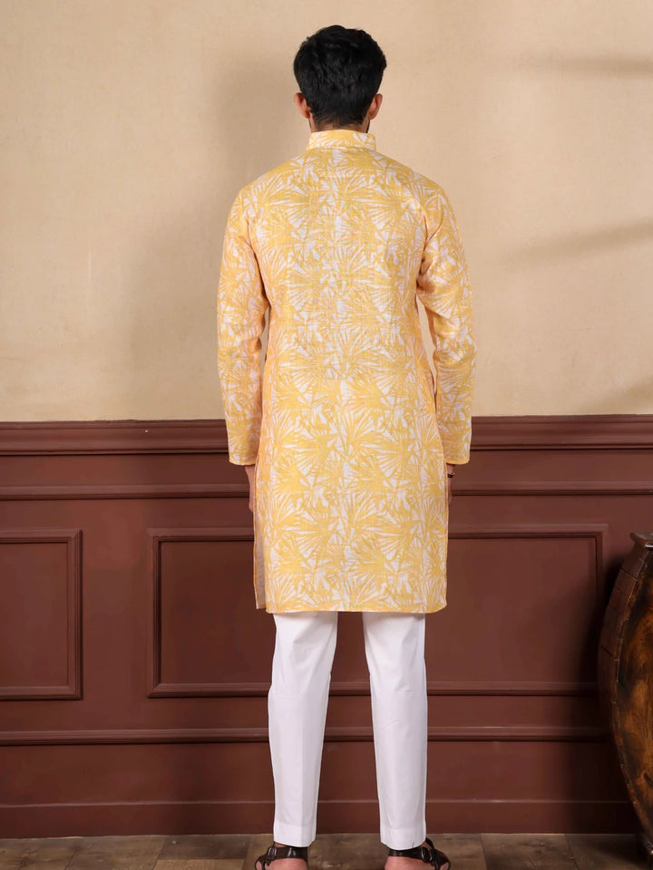 Classic Yellow Kurta Pajama | Digital Printed Linen for Festive Look