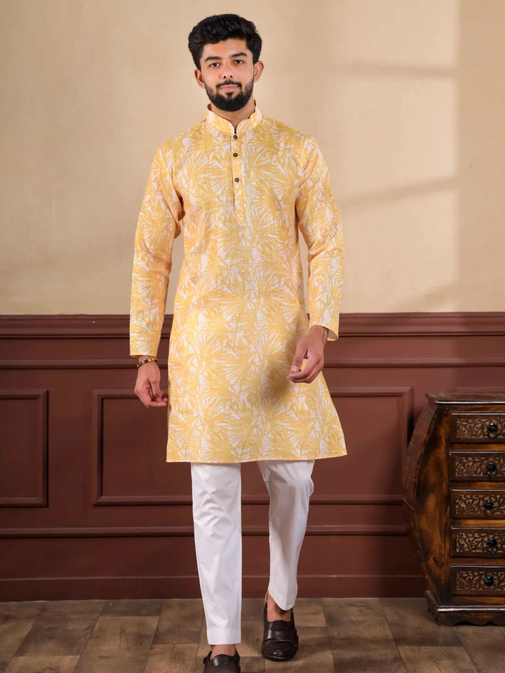 Classic Yellow Kurta Pajama | Digital Printed Linen for Festive Look