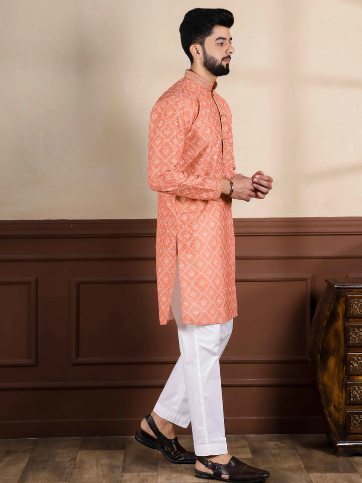 Traditional Light Orange  Cotton Kurta Pajama | Handcrafted Embroidery Work