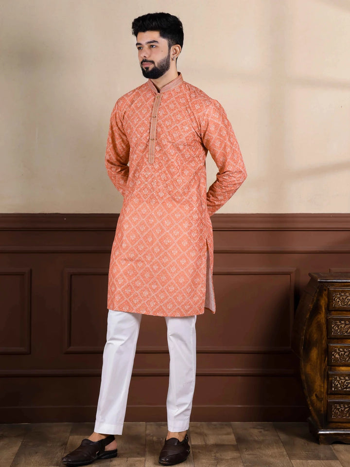 Traditional Light Orange  Cotton Kurta Pajama | Handcrafted Embroidery Work