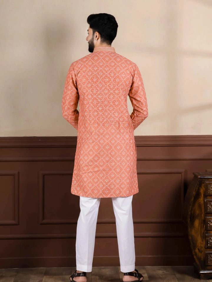 Traditional Light Orange  Cotton Kurta Pajama | Handcrafted Embroidery Work