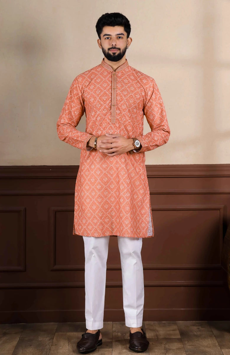 Traditional Light Orange  Cotton Kurta Pajama | Handcrafted Embroidery Work