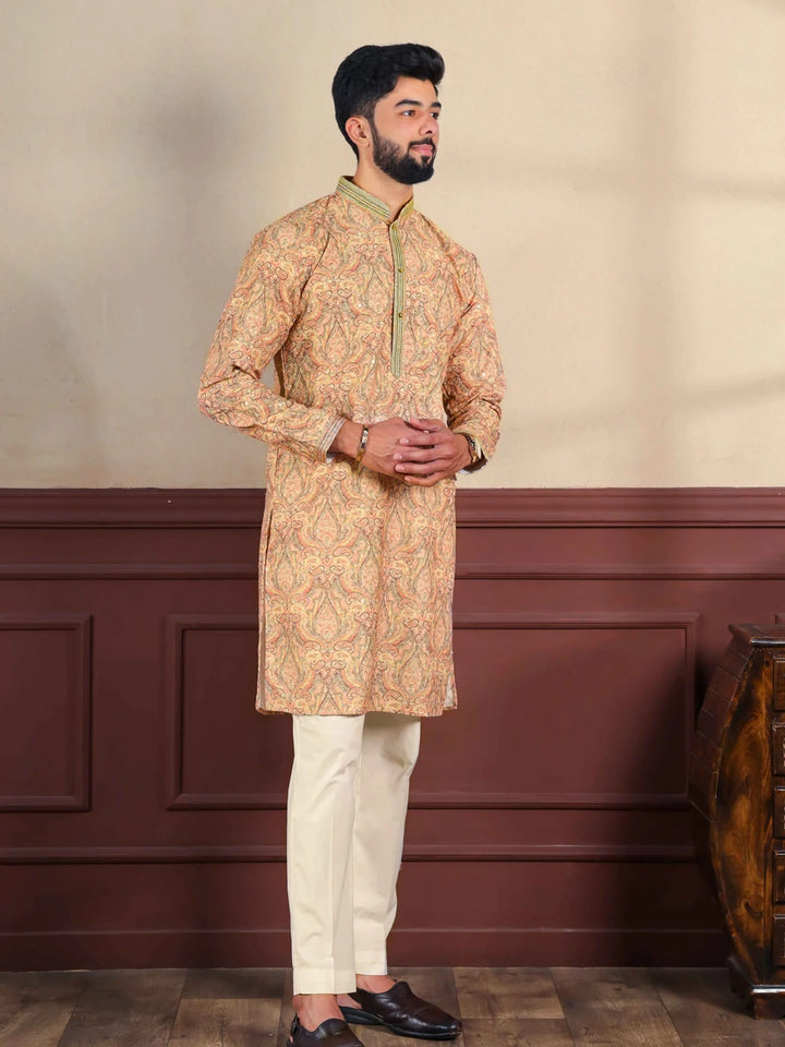 Classic Cotton Blend Kurta | Designer Print & Handcrafted Work