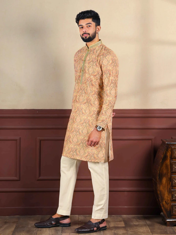 Classic Cotton Blend Kurta | Designer Print & Handcrafted Work