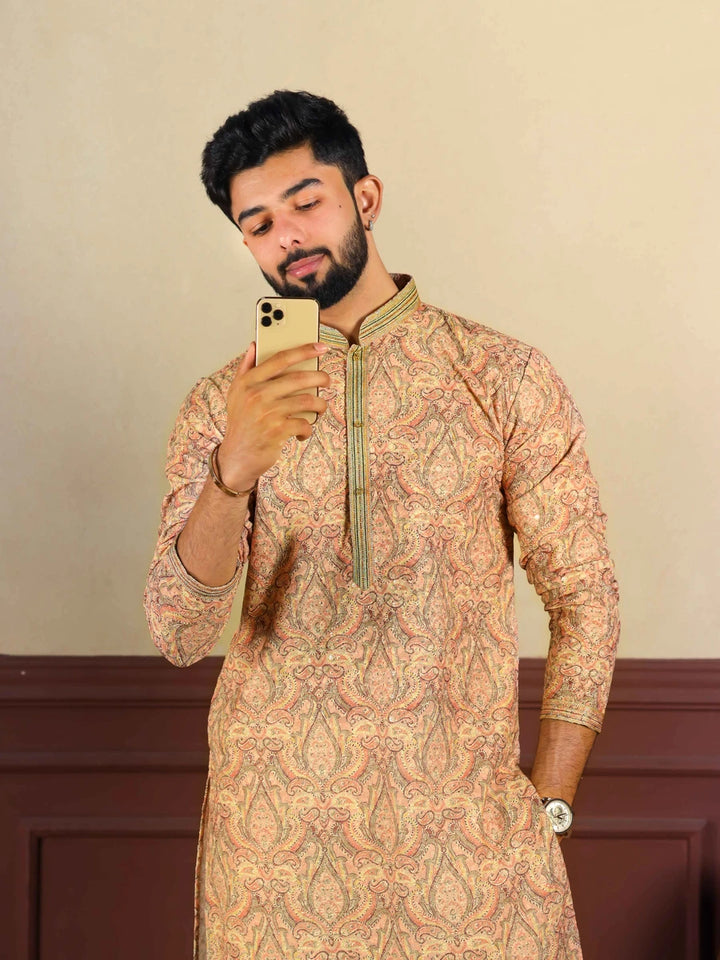 Classic Cotton Blend Kurta | Designer Print & Handcrafted Work