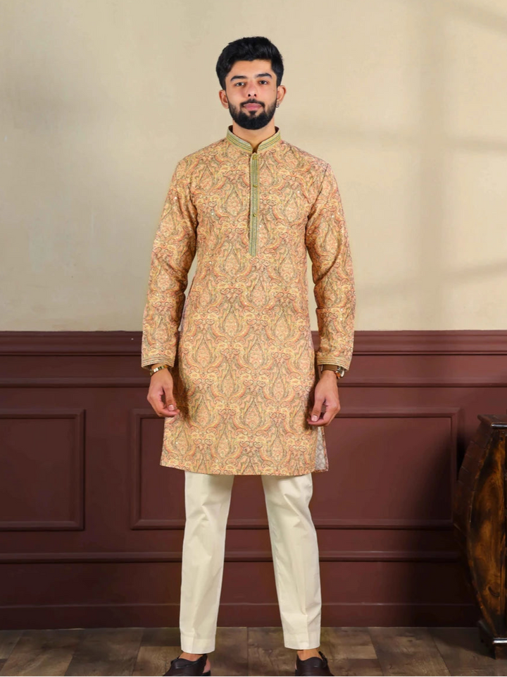 Classic Cotton Blend Kurta | Designer Print & Handcrafted Work