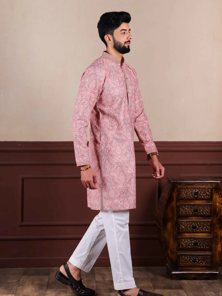 Classic Cotton Blend Kurta | Designer Print & Handcrafted Work