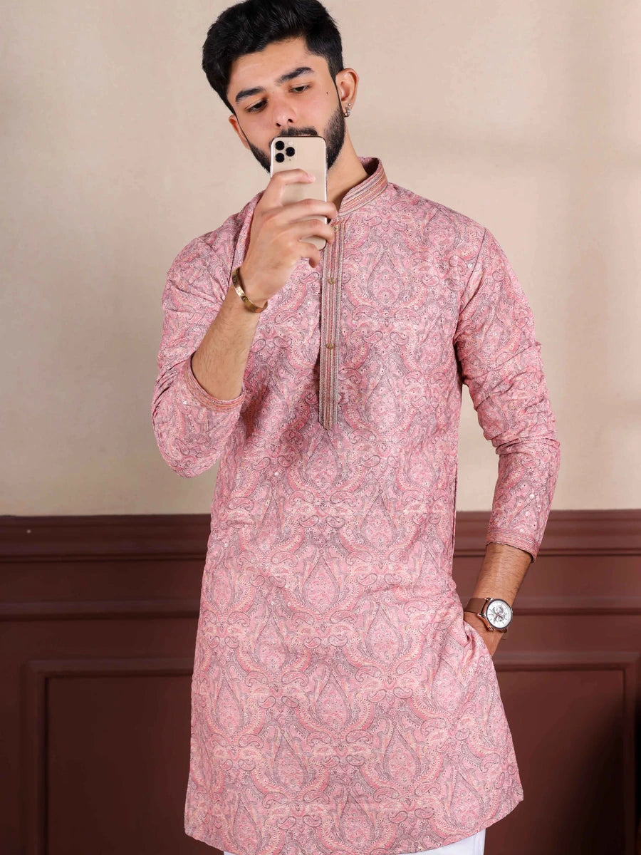 Classic Cotton Blend Kurta | Designer Print & Handcrafted Work