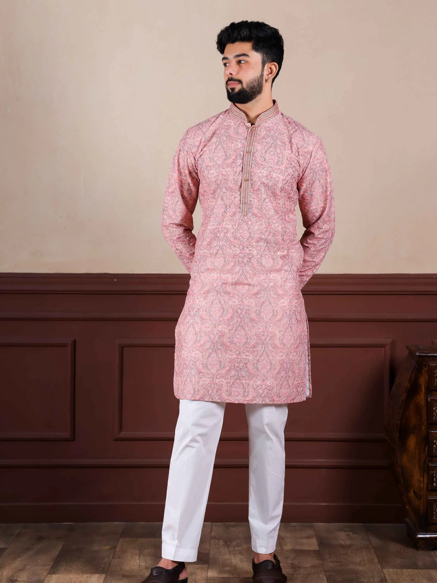 Classic Cotton Blend Kurta | Designer Print & Handcrafted Work