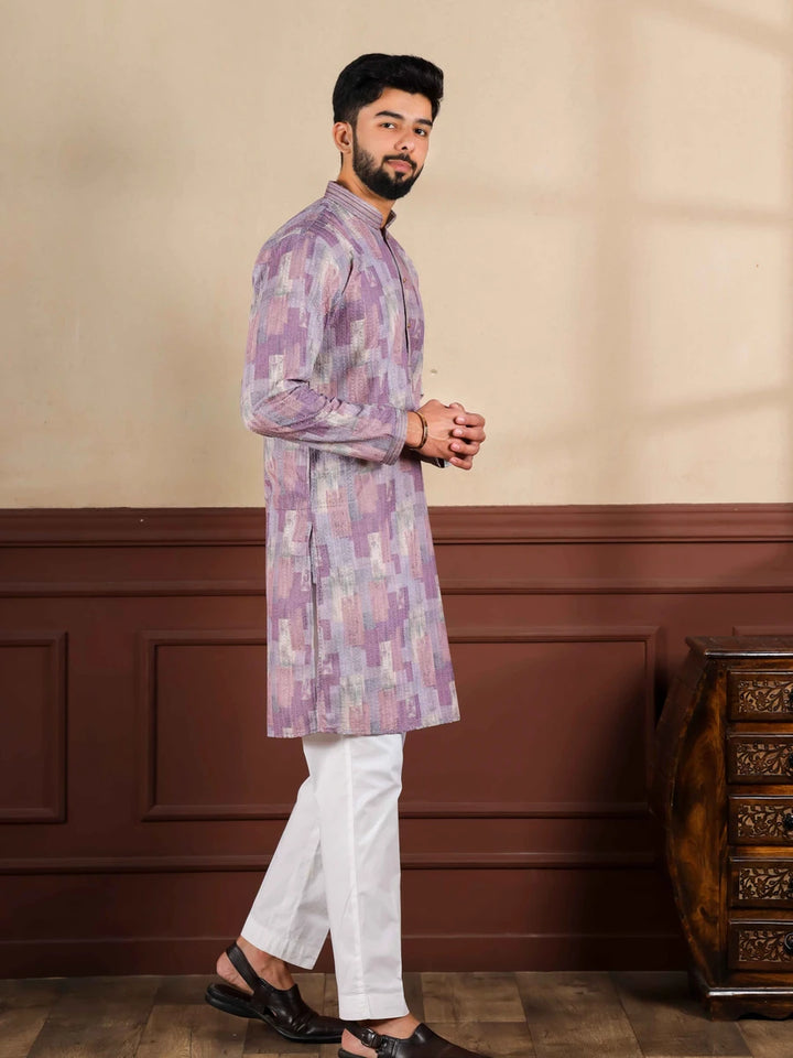 Exquisite Wedding Wear Purple Kurta | Cotton Fabric Pajama & Hand Work