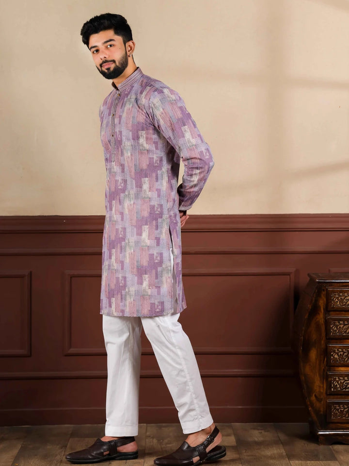 Exquisite Wedding Wear Purple Kurta | Cotton Fabric Pajama & Hand Work