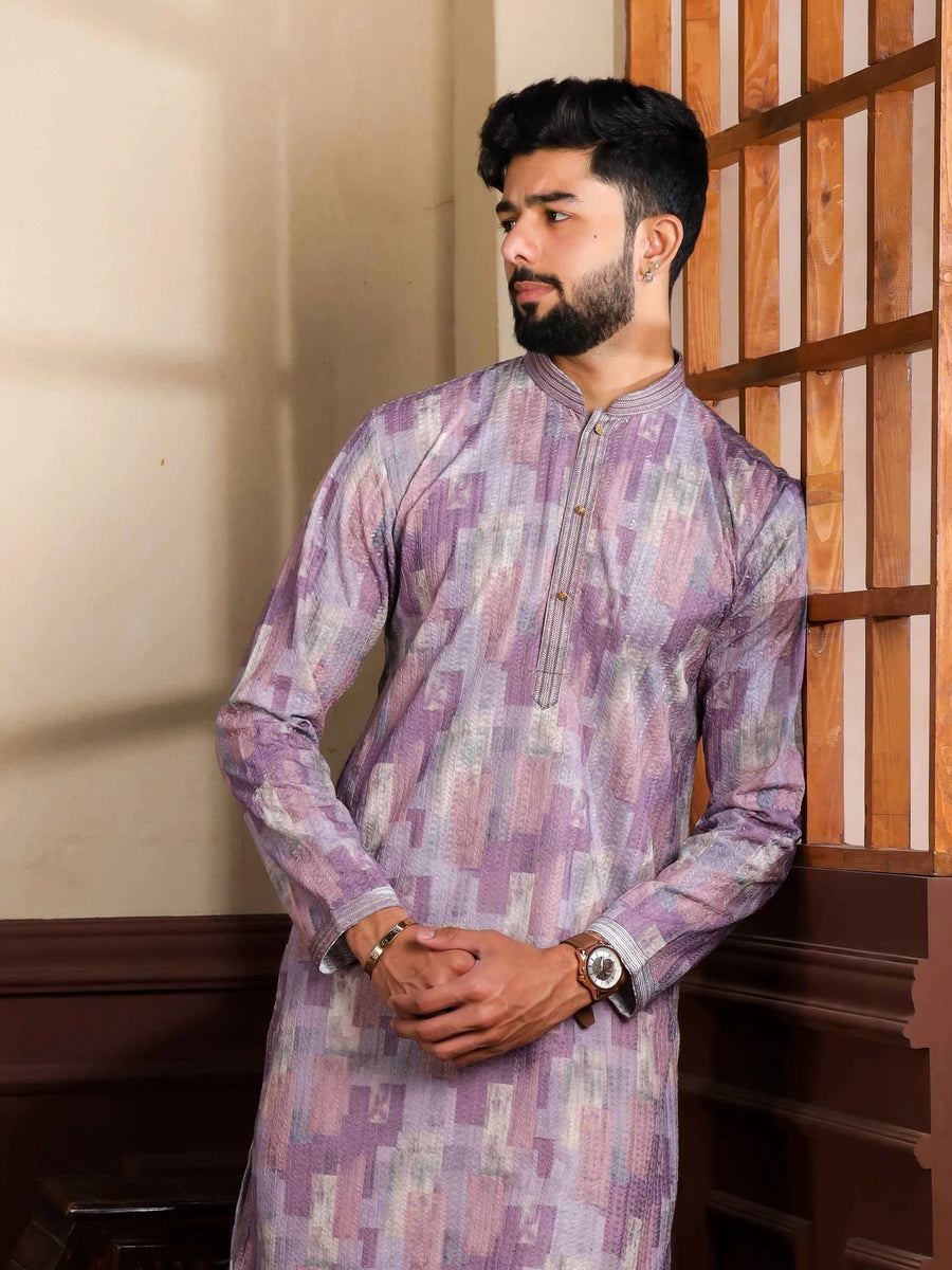 Exquisite Wedding Wear Purple Kurta | Cotton Fabric Pajama & Hand Work