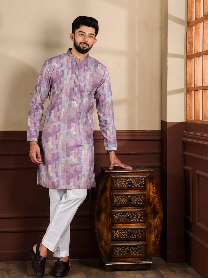 Exquisite Wedding Wear Purple Kurta | Cotton Fabric Pajama & Hand Work