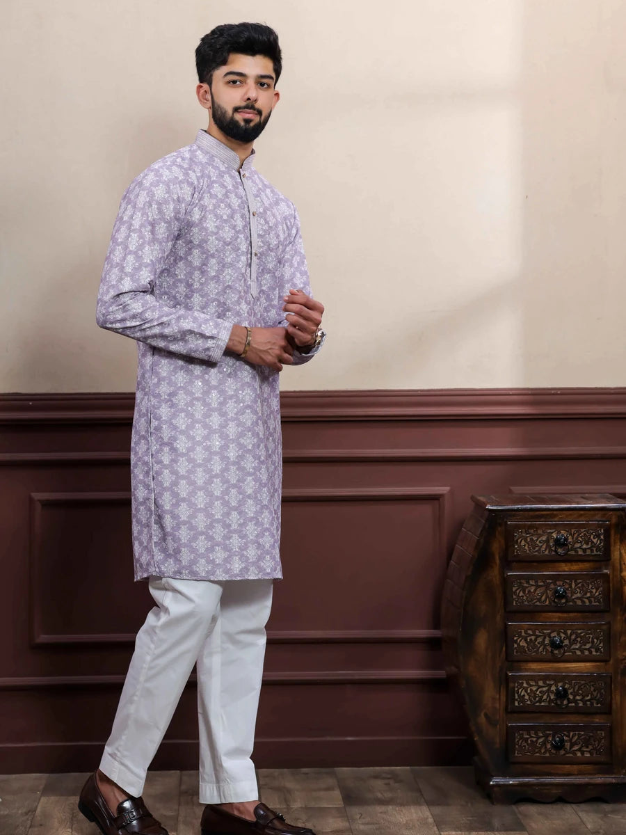 Graceful Cotton Kurta Pajama | Trendy Lavender Hand Work