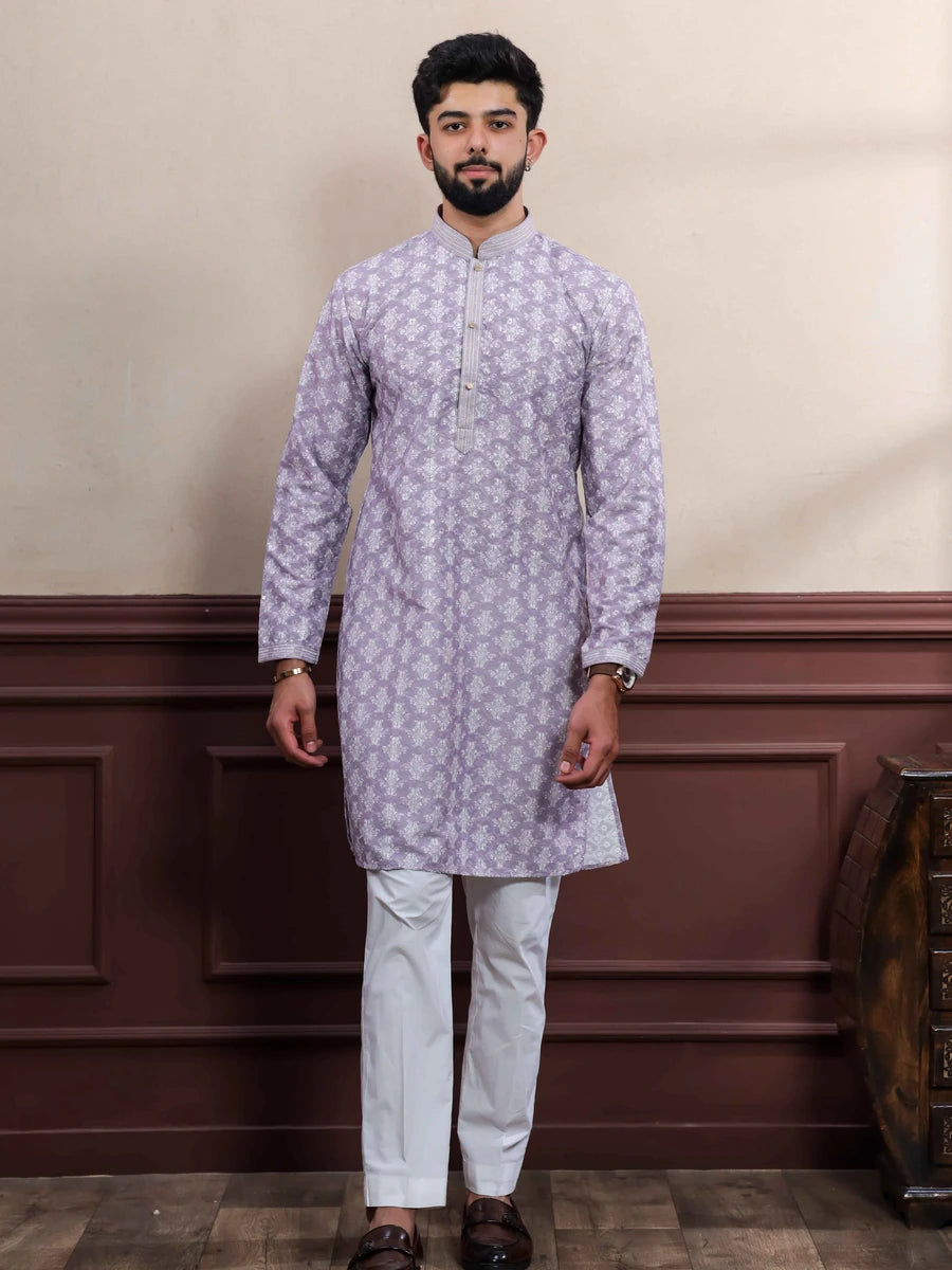 Graceful Cotton Kurta Pajama | Trendy Lavender Hand Work