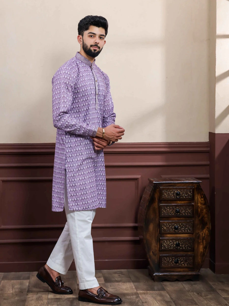 Premium Purple  Party Wear Cotton Kurta | Hand Work Embroidery Pajama Set