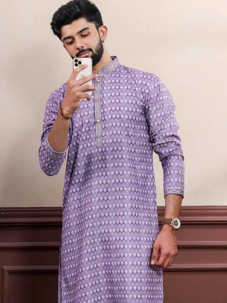 Premium Purple  Party Wear Cotton Kurta | Hand Work Embroidery Pajama Set