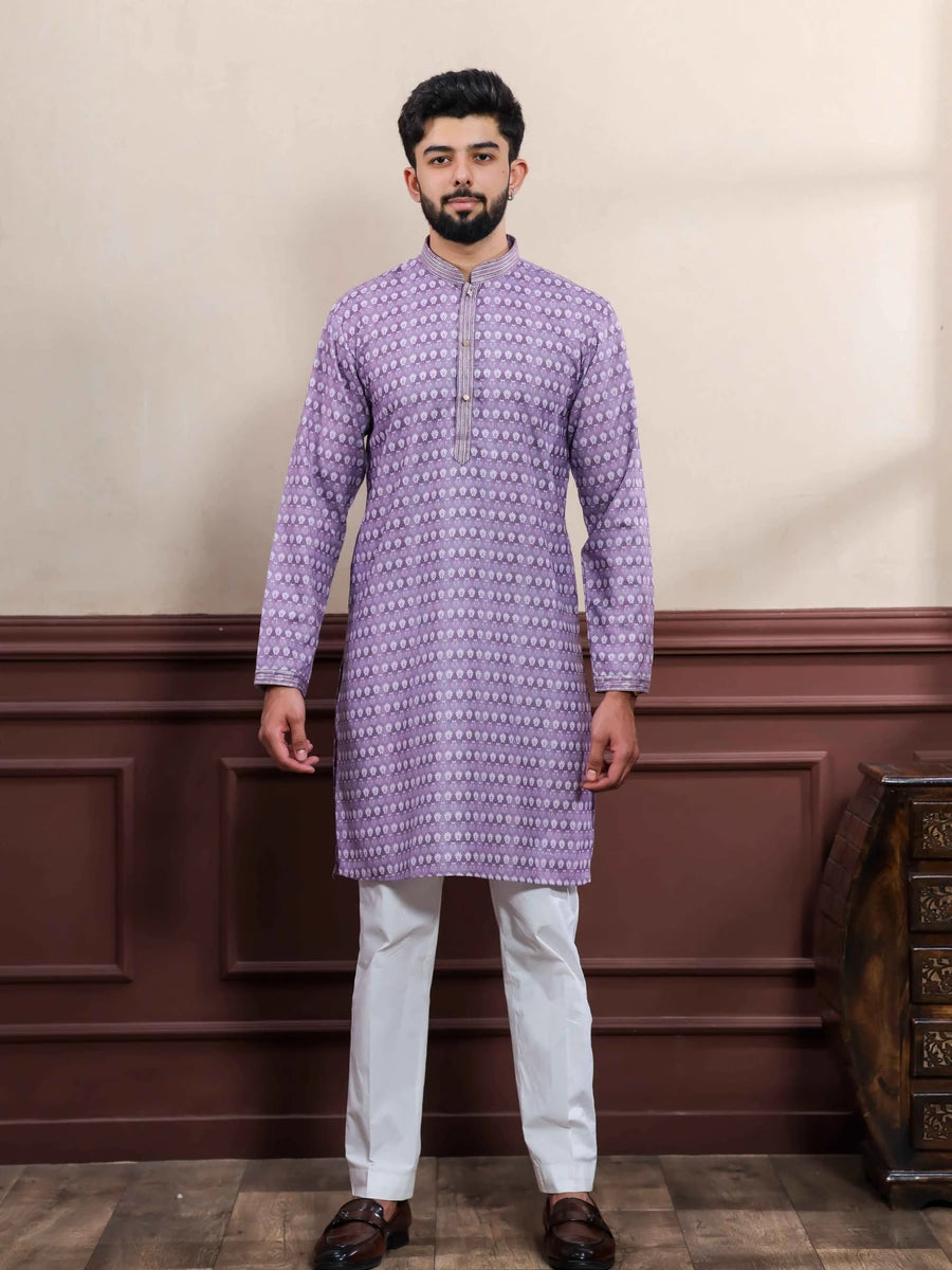 Premium Purple  Party Wear Cotton Kurta | Hand Work Embroidery Pajama Set