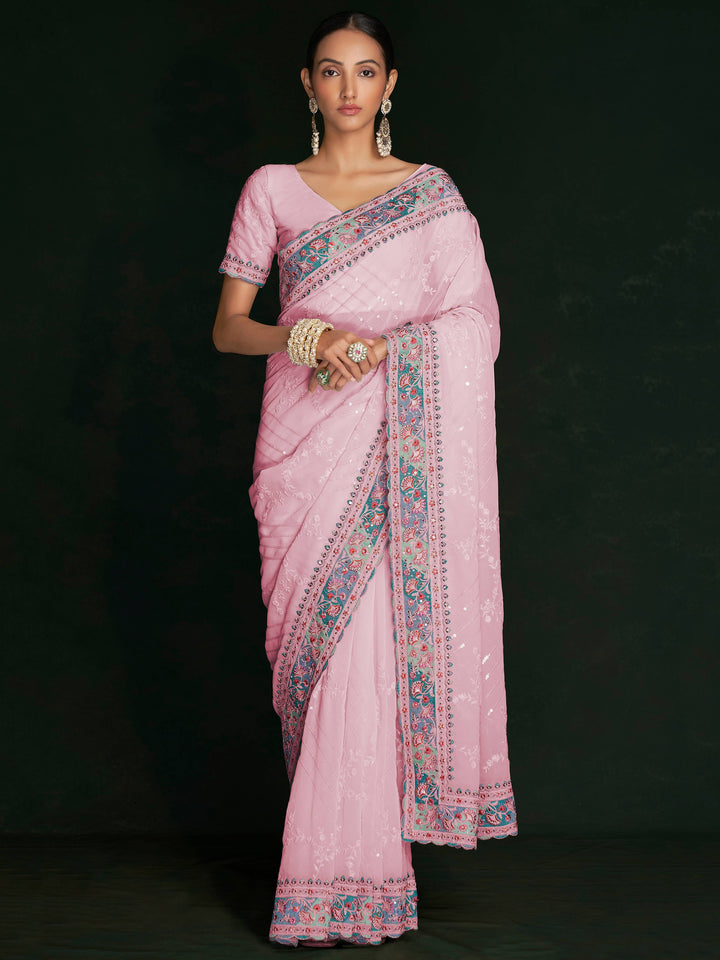 Pink georgette saree crafted for elegance and style.