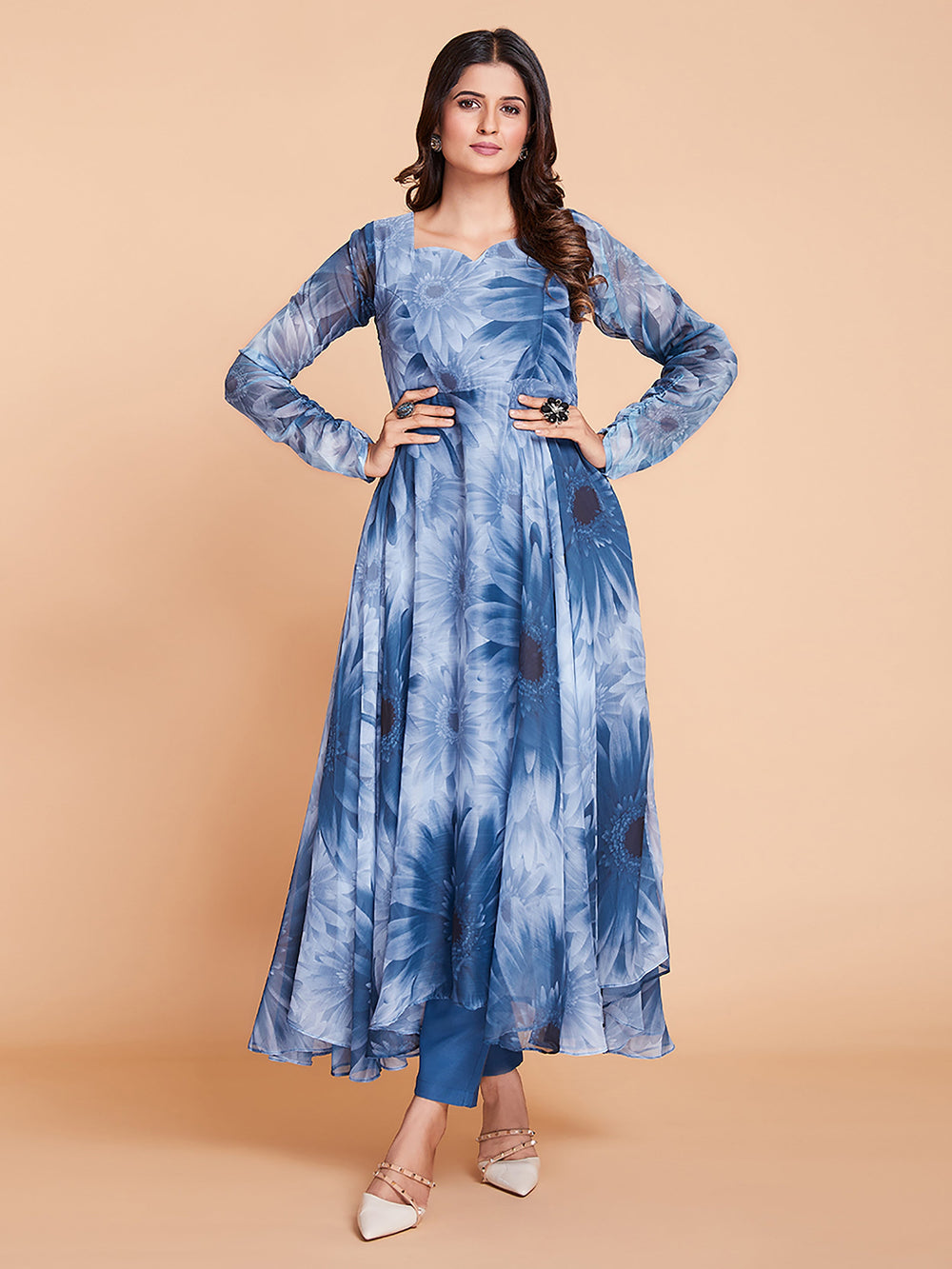 Stunning Blue And White Printed Anarakali Salwar Suit