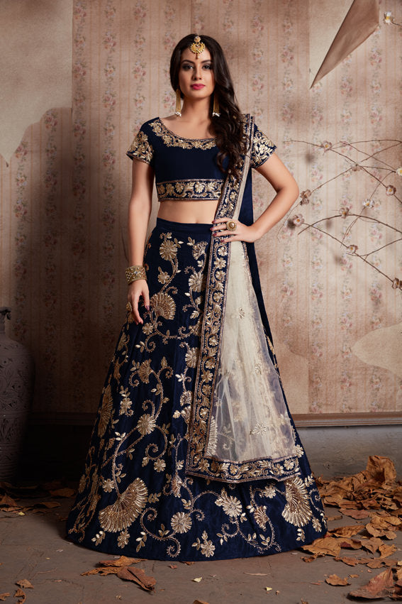 Velvet Lehenga Choli with Zari Embroidery and Soft Net Dupatta