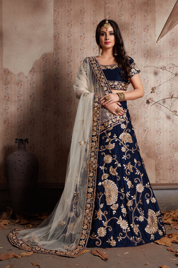 Velvet Lehenga Choli with Zari Embroidery and Soft Net Dupatta