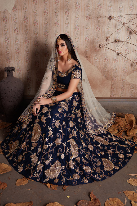 Velvet Lehenga Choli with Zari Embroidery and Soft Net Dupatta