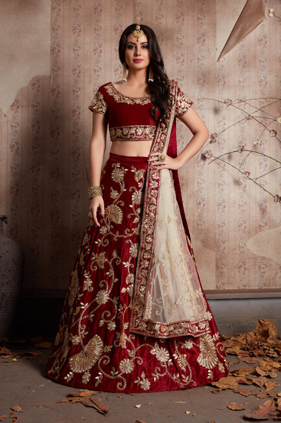 Maroon and Cream Embroidered Lehenga | Semi-Stitched with Taping Border Dupatta