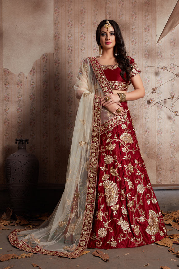 Maroon and Cream Embroidered Lehenga | Semi-Stitched with Taping Border Dupatta